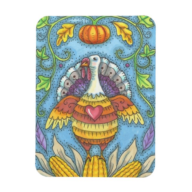Imán FOLK ART TURKEY & CORN THANKSGIVING MAGNET Holiday (Vertical)