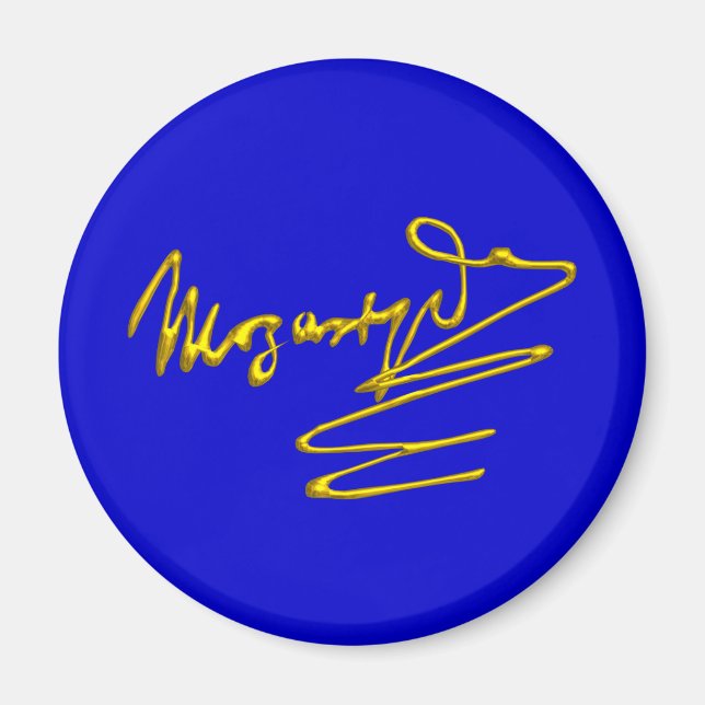 Imán FOMENTO A MOZART Oro Firma Del Compositor Azul (Frente)