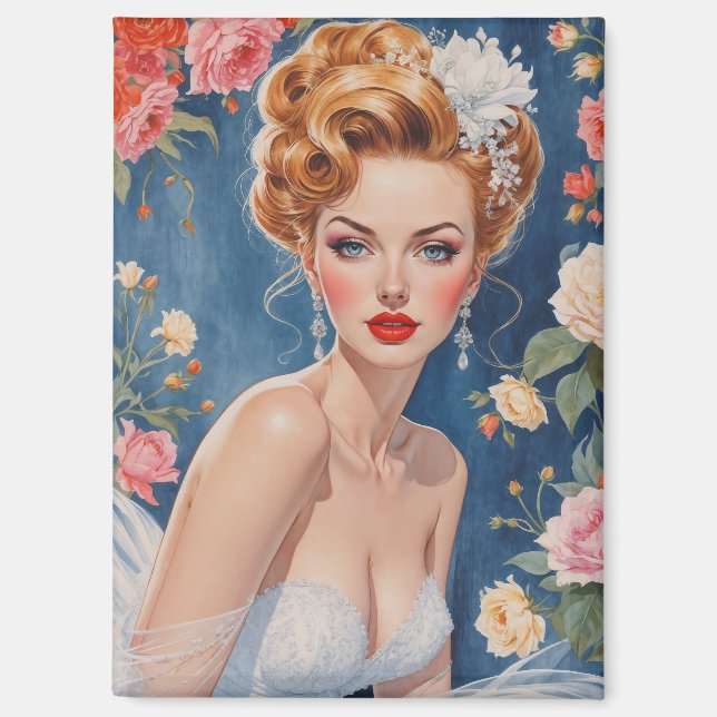 Imán Fondo floral de retrato de novia rubio (Anverso)