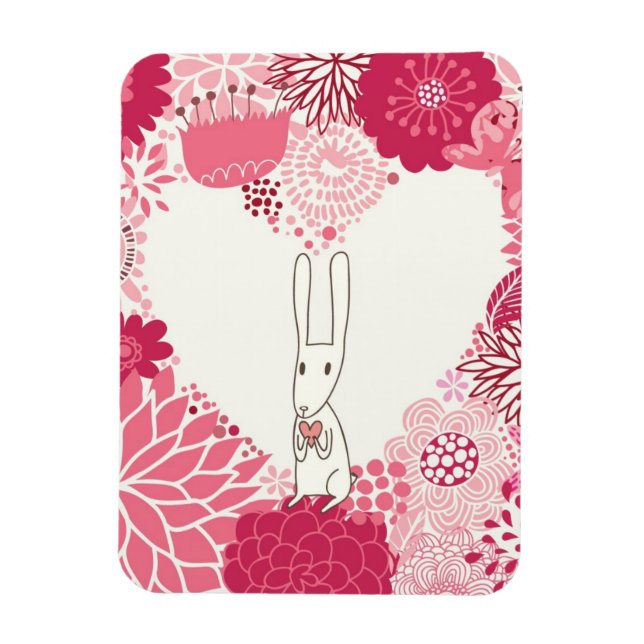 Imán Fondo floral romántico con conejo lindo (Vertical)