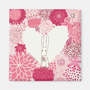Imán Fondo floral romántico con el conejo lindo