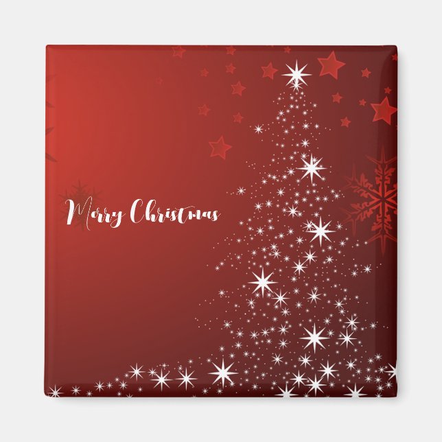 Imán Fondo rojo con árbol de Navidad estrellado (Frente)