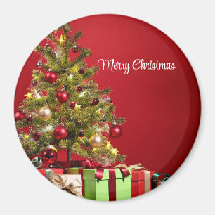Imán Fondo Rojo Con Árbol Decorativo De Navidad