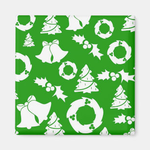 Imán Fondo verde con campanas, mistletoe y árbol