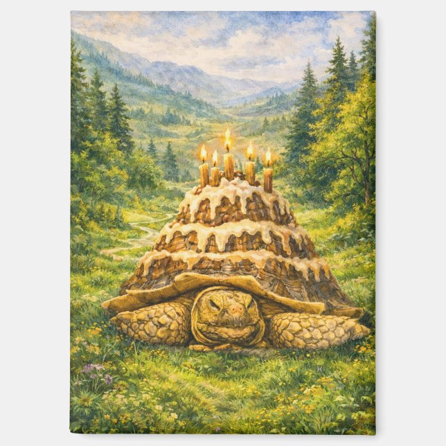 Imán Forest Birthday Cake Sulcata Tortoise Watercolor (Anverso)