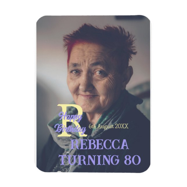 Imán Foto 80 cumpleaños agregar nombre fecha púrpura mo (Vertical)