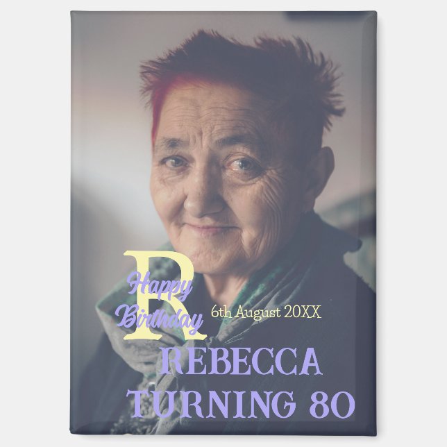 Imán Foto 80 cumpleaños agregar nombre fecha púrpura mo (Anverso)