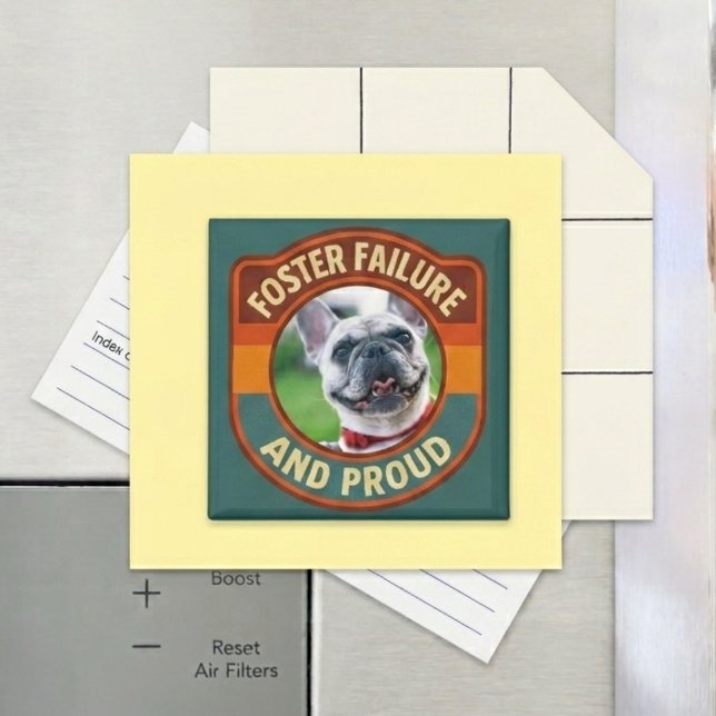 Imán Foto a rayas retro de fracaso de acogida (Retro foster failure photo magnet for a dog rescue parent's kitchen refrigerator milestone gift.)