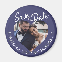 Imán Foto Azul Marino Save the Date Script Moderno