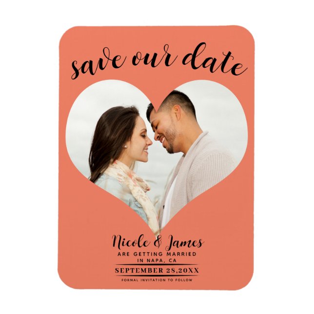 Imán Foto Corazón Naranja Salmón Boda Save the Date (Vertical)