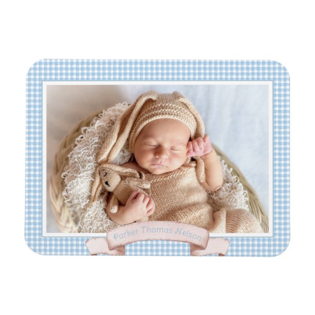 Imán Foto de bebé de Blue Gingham (Horizontal)