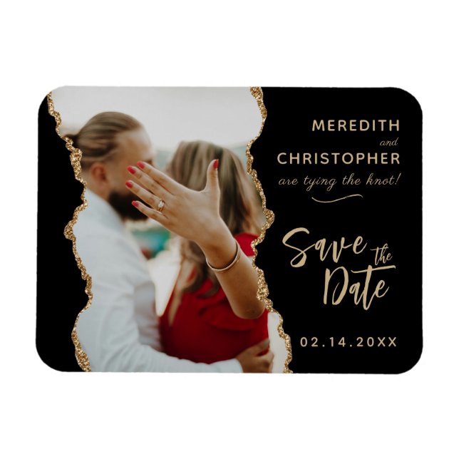 Imán Foto de Boda de Black Gold Agate Save the Date (Horizontal)