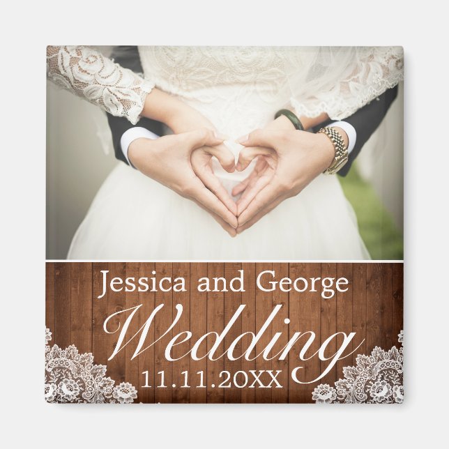 Imán Foto de Boda de madera rústica y encaje blanco (Frente)