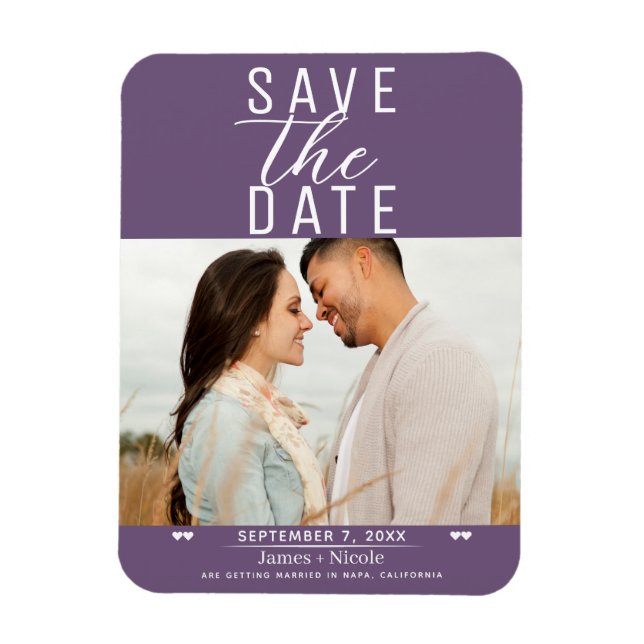 Imán Foto de Boda de Plum Purple Modern Save the Date (Vertical)