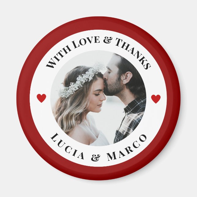 Imán Foto de boda en círculo blanco con corazón rojo (Frente)