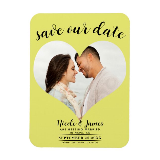 Imán Foto de corazón chartreuse para boda Save the Date (Vertical)