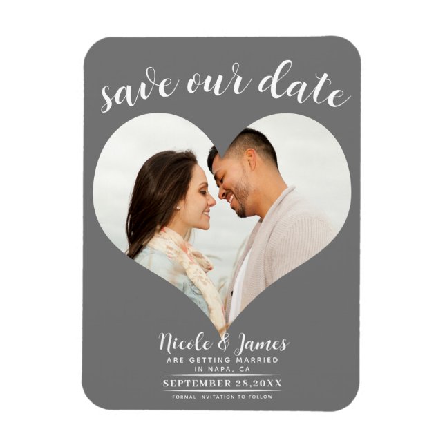 Imán Foto de corazón gris oscuro de boda Save the Date (Vertical)