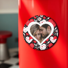 Imán Foto de Corazones y Flores Rojas, Negras y Blancas
