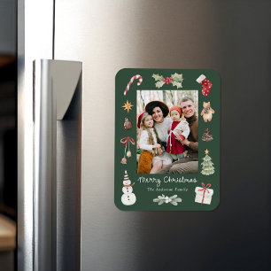 Imán Foto de familia verde de Navidad alegre en acuarel