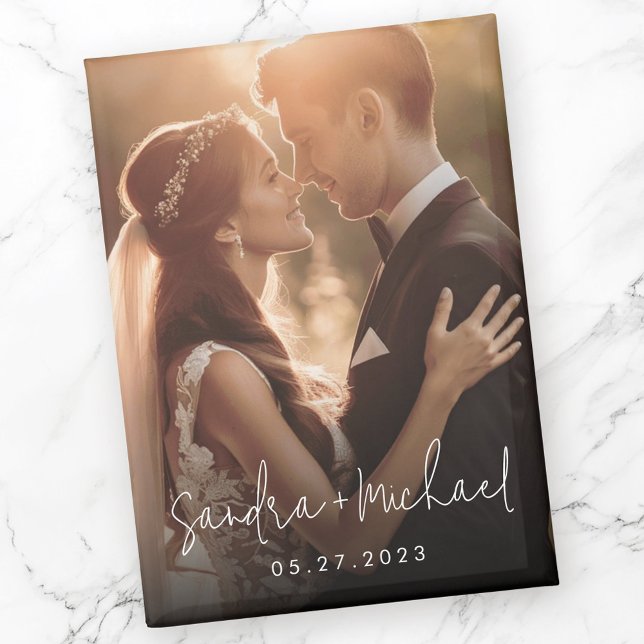 Imán foto de fecha de dos nombres de pareja de compromi (Wedding engagement couple names date photo magnet)