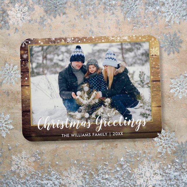 Imán Foto de Felicitaciones de Navidad Rústica de Mader (Christmas Greetings Photo Rustic Country Wood Magnet)