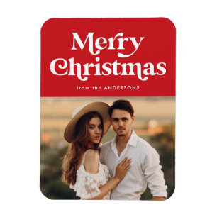 Imán Foto de Feliz Navidad en Tipografía Retro Rojo