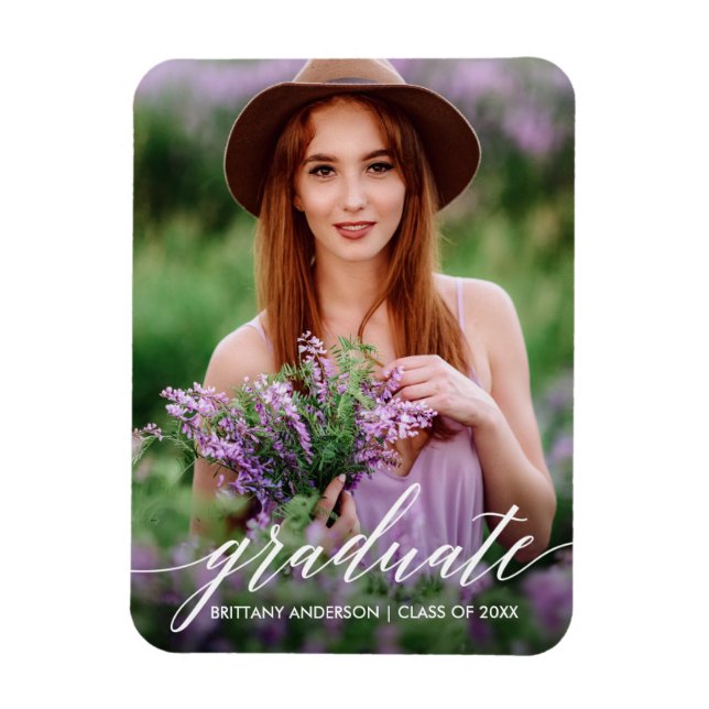 Imán Foto de graduación de caligrafía moderna (Vertical)