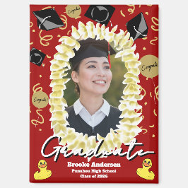 Imán Foto de graduación hawaiana con lei de plumeria y 