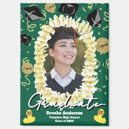 Imán Foto de graduación hawaiana con lei de plumeria y 