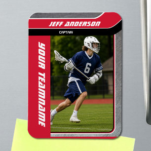 Imán Foto de jugador de lacrosse de metal rojo