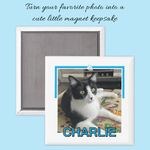 Imán Foto de mascota con nombre personalizado azul y bl