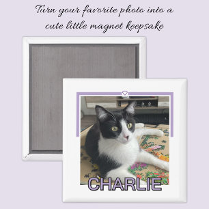 Imán Foto de mascota con nombre personalizado morado y