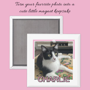 Imán Foto de mascota con nombre personalizado rosa y bl