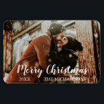 Imán Foto de Merry Christmas Script<br><div class="desc">Esta moderna y vibrante tarjeta de Navidades incluye tu foto personal en la parte delantera,  con un moderno guión en blanco. Foto de plantilla a través de Pixabay bajo licencia CC0 y debe ser reemplazada por su propia foto</div>