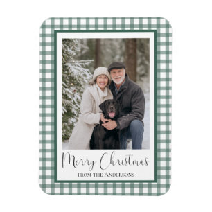 Imán Foto de Navidad alegre con cuadros de gingham verd