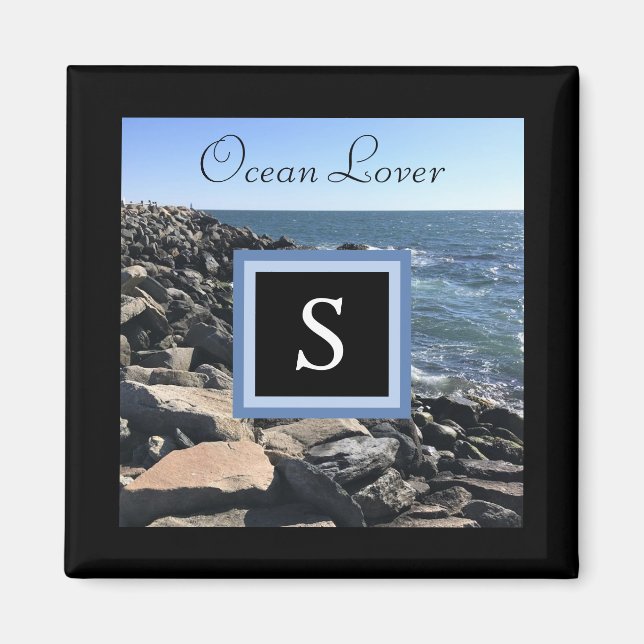 Imán Foto de olas y rocas de mar Marco inicial Negro M (Frente)