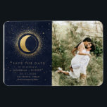 Imán foto de oro celestial salva la fecha<br><div class="desc">Nuestra colección de "oro celestial" presenta una hermosa luna creciente con estrellas doradas en varios diseños sobre un fondo azul de terciopelo medianoche combinado con fuentes elegantes. Fácil para el personalizar y usted puede elegir entre muchos artículos de esta colección en nuestra tienda.</div>