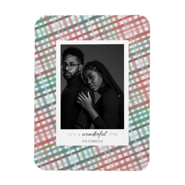 Imán Foto de pareja en estampado de cuadros pastel (Vertical)