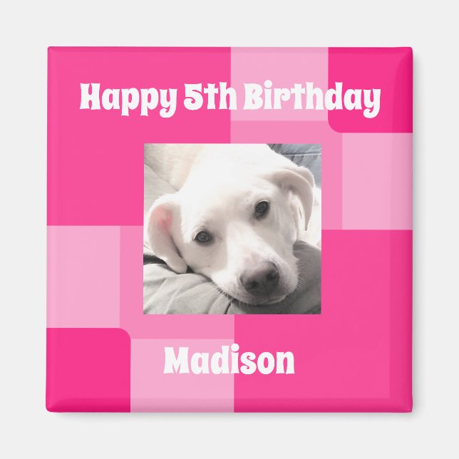 Imán Foto de perro lindo 5 cumpleaños Rosa (Frente)