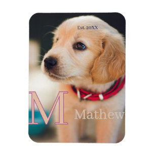 Imán foto de perro mascota monograma de nombre año est