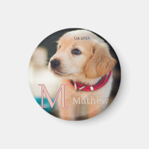Imán foto de perro mascota monograma de nombre año est