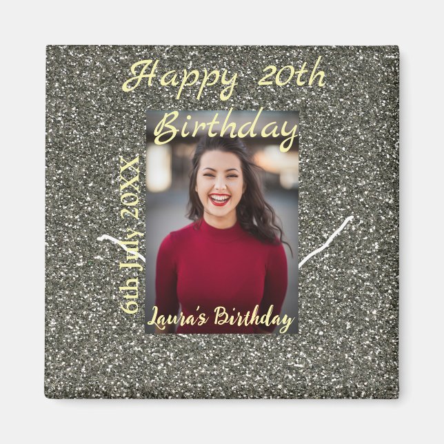 Imán Foto de Silverglitter 20 cumpleaños fecha de añadi (Frente)