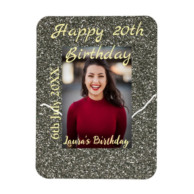 Imán Foto de Silverglitter 20 cumpleaños fecha de añadi (Vertical)