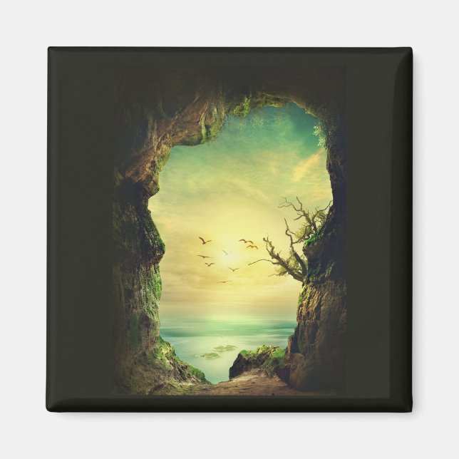 Imán Foto de una cueva que domina un mar tropical (Frente)