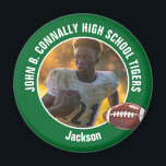 Imán Foto del jugador de fútbol de la Escuela Secundari<br><div class="desc">Este genial imán de foto de jugador de fútbol de secundaria personalizado en verde presenta tipografía blanca de su nombre de equipo y jugador. Personaliza con tu nombre de atleta al lado de la pelota.</div>