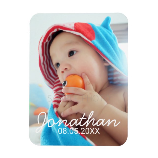 Imán Foto del personalizado con nombre y fecha (Vertical)