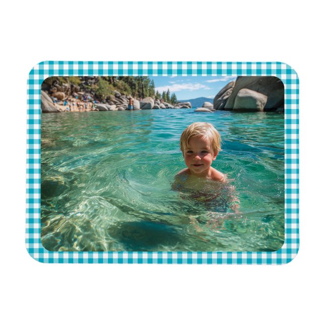Imán Foto familiar a cuadros gingham azul (Horizontal)