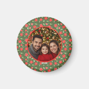 Imán Foto floral personalizada de color rojo y verde mo