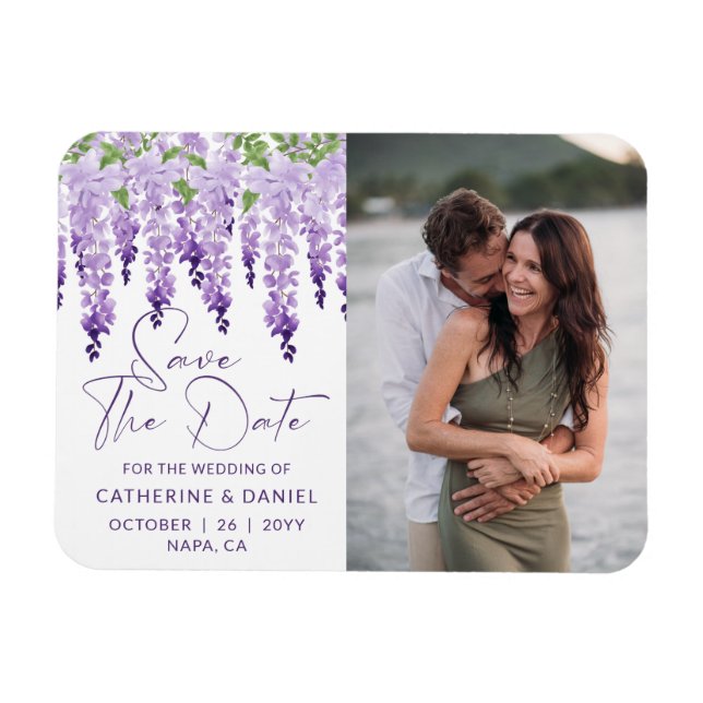 Imán Foto Guardar la fecha Boda de Wisteria de acuarela (Horizontal)