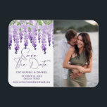 Imán Foto Guardar la fecha Boda de Wisteria de acuarela<br><div class="desc">Foto Save The Date Watercolor Wisteria Wedding Save The Date Magnets (Salvar la histeria de la histeria de la fecha) contiene elegantes flores de glicinia en lila suave, lavanda y púrpura con vegetación en un fondo blanco con la información de Save The Date debajo. Personalice editando el texto en los...</div>